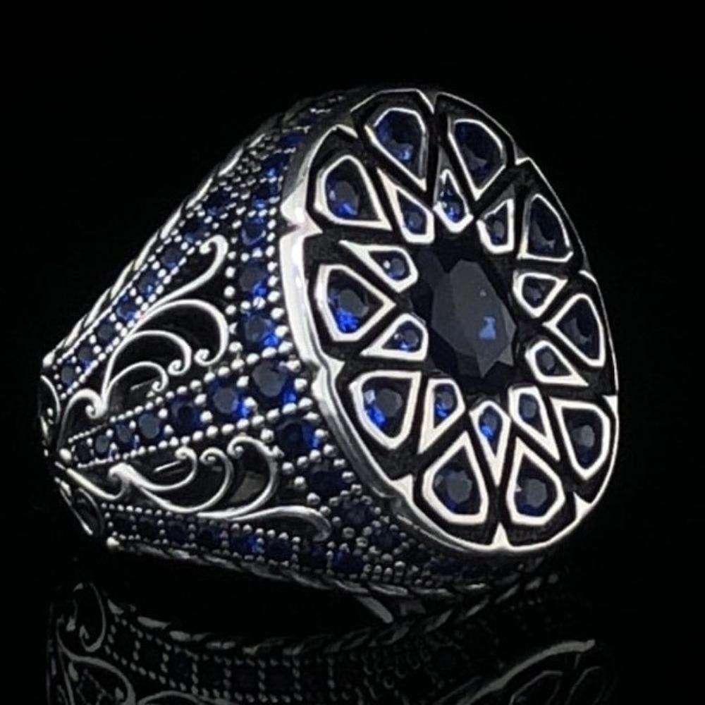 

Luxury European and American Alloy Men s Ring, Blue Diamond Artisan Diamond-set Men s Ring, Gemstone Retro Ring. No. 12