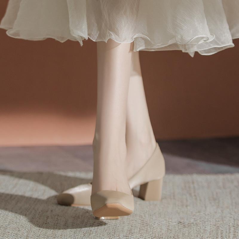 178-1 Escarpins nude pour femmes printemps et automne nouveau tempérament sans pieds qui grincent Talons épais avec jupes Chaussures simples en cuir souple