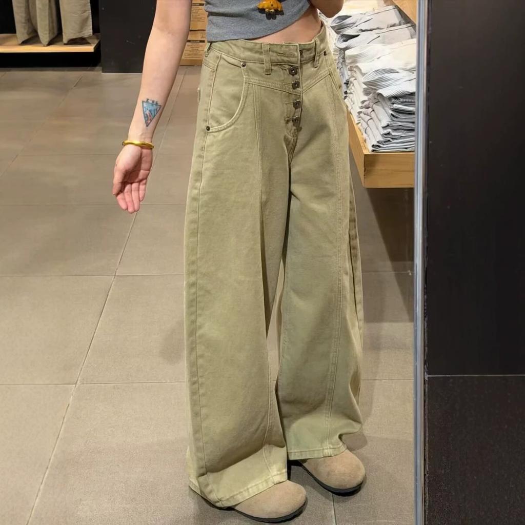 Japanese Single-breasted Wide-leg Jeans Women's Summer Large-size Loose and Thin Vertical Scimitar Floor Pants High Waist Light Khaki Wide Leg Jeans