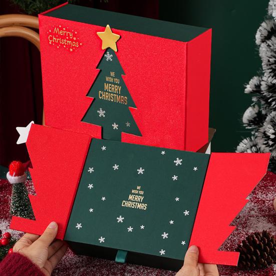 Christmas Gift Box Xmas Eve Red Gift Box with Tree Pattern Presents Wrapping Container for Holiday Decoration