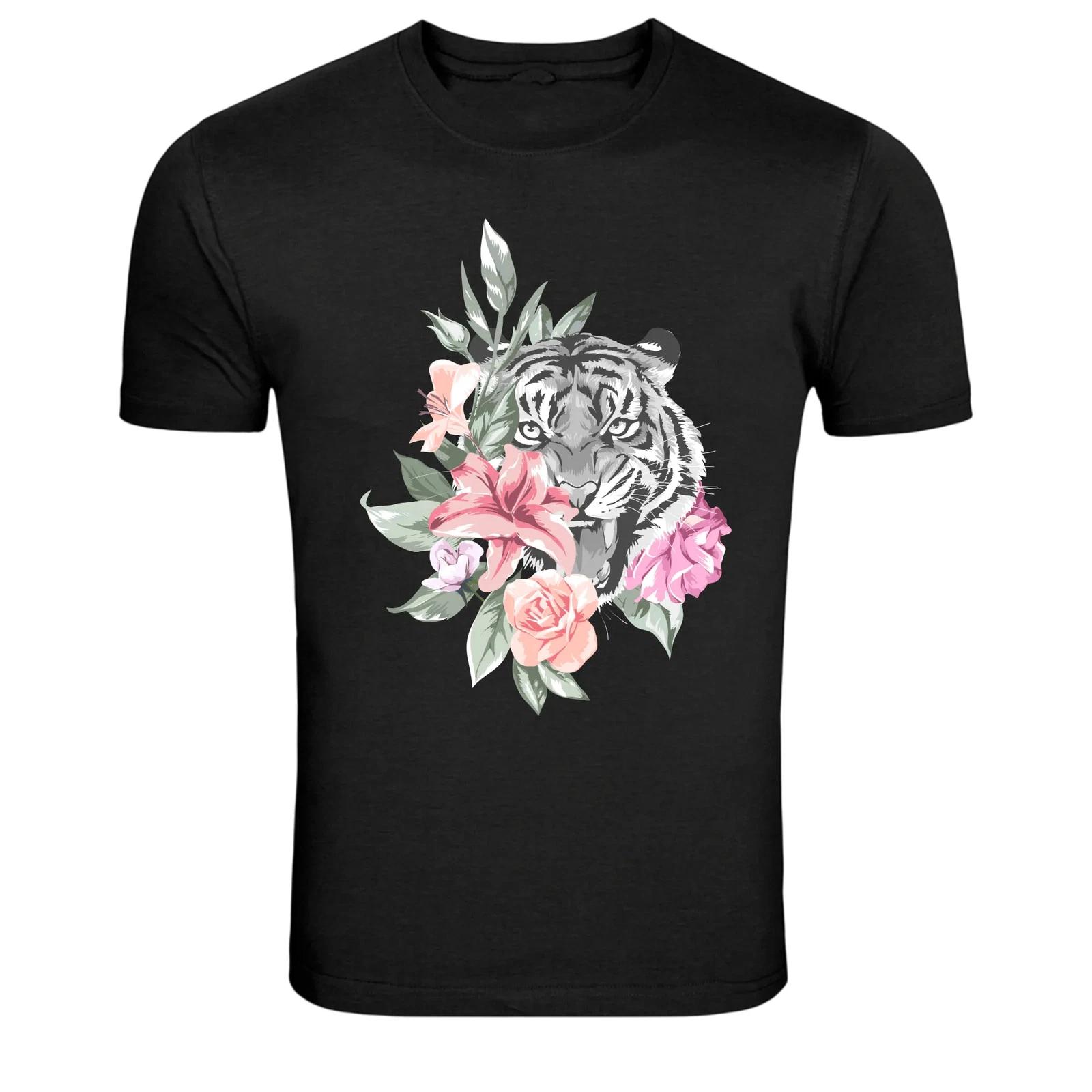 Floral Tiger Head Botanical Wild Animal Graphic T-Shirt M