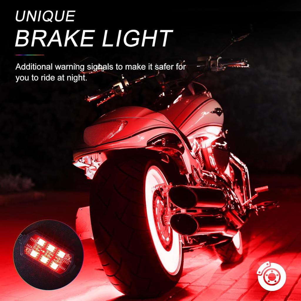 Motorcycle LED Underglow Kit, ICICAR 12 Pcs APP Control RGB Chasing Mode 16 Million Color Dual Remote Music Mode IP68 Waterproof Led Lights,
