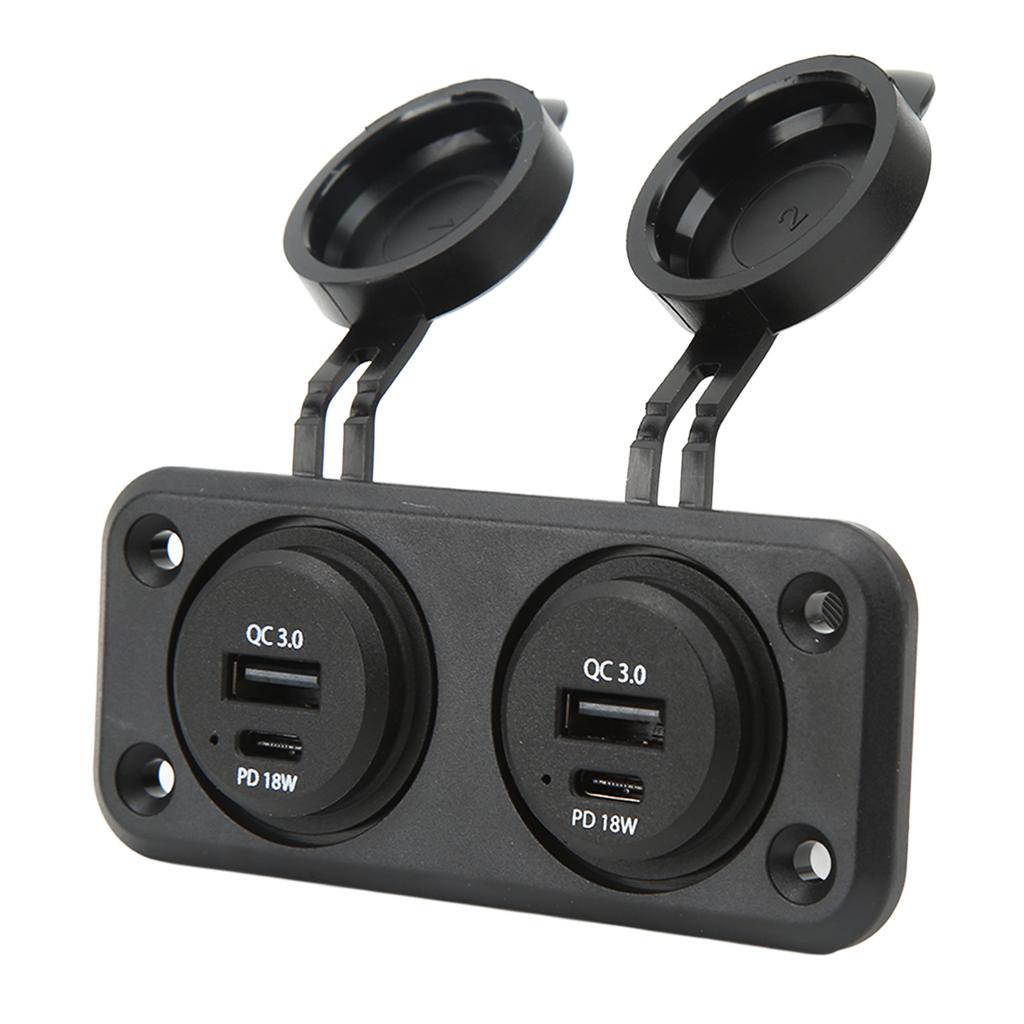 Dual Port Car Charger 2 Way DC 10‑30V USB TYPE C Power Outlet Socket with Mounting Panel Charging Adapter for RVs Boats