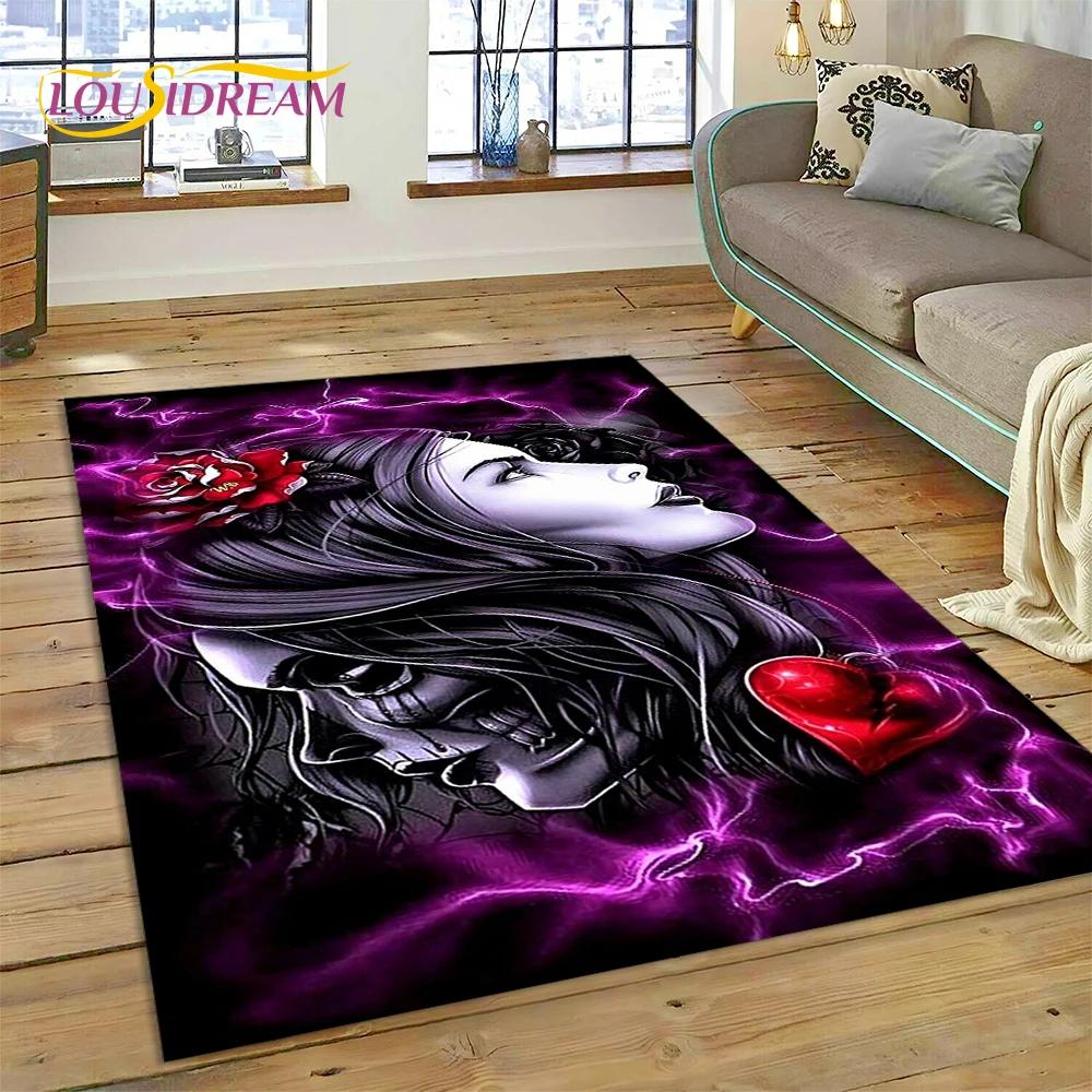 Skull Dead Girl 3D Gothic Horror Female Rose Rug Carpet for Living Room Bedroom Decor,Non-slip Decoration for Sofa Doormat Gift