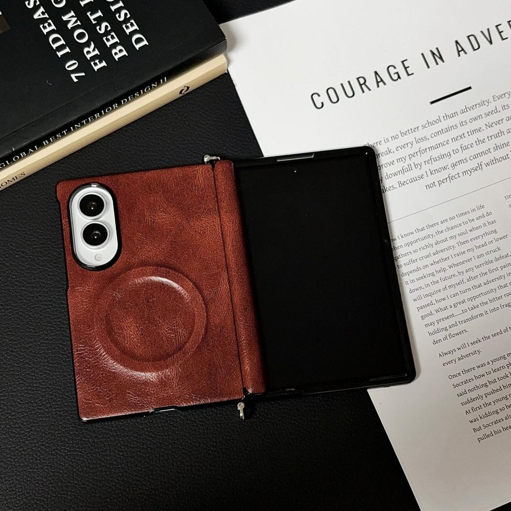Applicable To Samsung ZFold1 Wide Folding Mobile Phone Case Crazy Horse Pattern Magnetic Belt Front Frame Side Buckle Middle Shaft Anti-drop