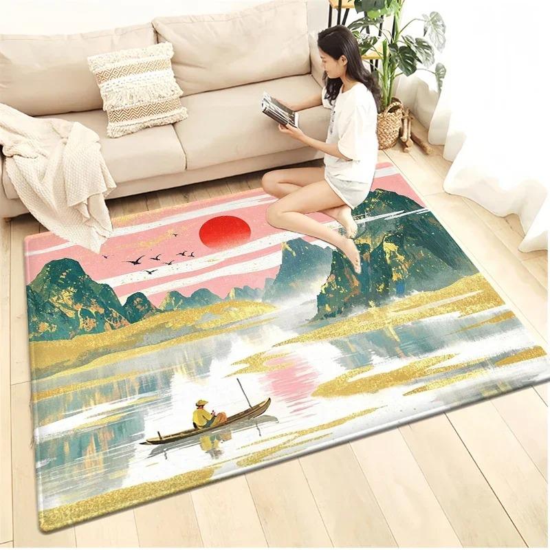 Chinese Landscape Art Area Rug Collection Exquisite Traditional Ink Painting Gold Foil Pattern Floor Mat For Living Room