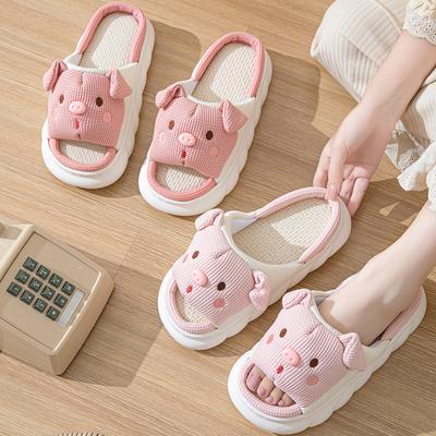 Pink Pig Algodão Sapatos Femininos Mulher Desenho Animado Interior Exterior Casa Grosso Linho Chinelos Feminino Quatro Estações Algodão Linho Senhoras Chinelos