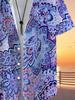 Men's Tropical Blue & Purple Paisley Print Short Sleeve Button- Shirt - Loose Fit Casual Collar Summer Beachwear, Button Front Placket for Outdoor &
