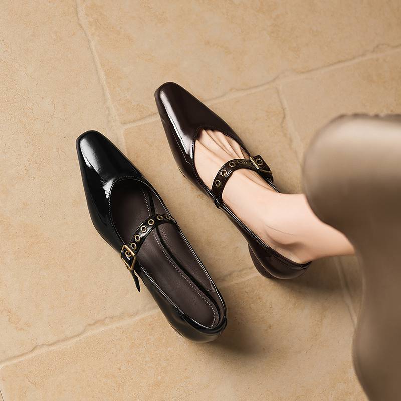 Krazing Pot Genuine Leather Square Toe Low Heels Summer Shoes Big Size 42 Buckle Straps Women Shallow Pumps