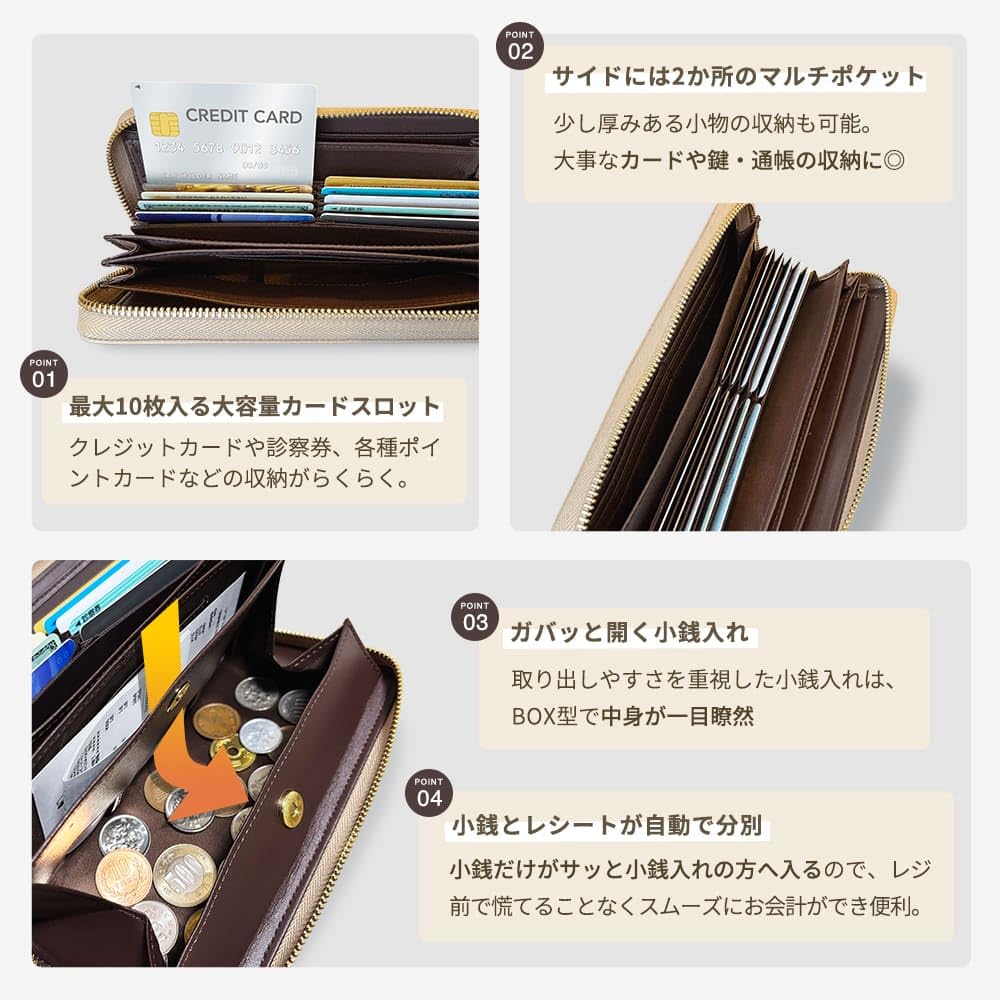 Liisha &Prayer Long Wallet [Includes Money Luck Amulet] [Automatic Coin and Receipt Sorting] Men's and Women's Genuine Leather Large Capacity