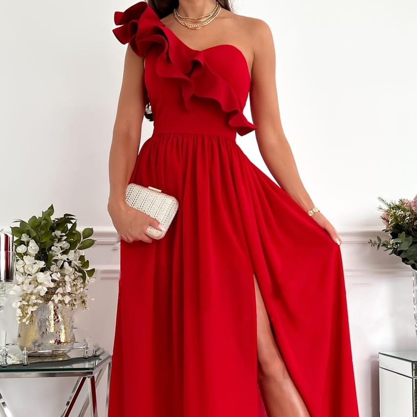 Summer Asymmetrical One-Shoulder Ruffle Split Hem Dress Sleeveless Irregular Hem Formal Gown Off-the-shoulder Ruffled Hem Split Dress
