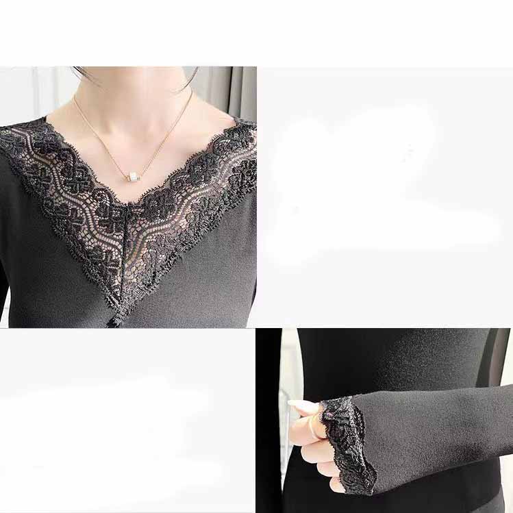 Koszula z dekoltem w serek z koronką na dole damska na wiosnę i jesień modna seksowna podszewka modna czarno-biała koszulka dopasowana góra