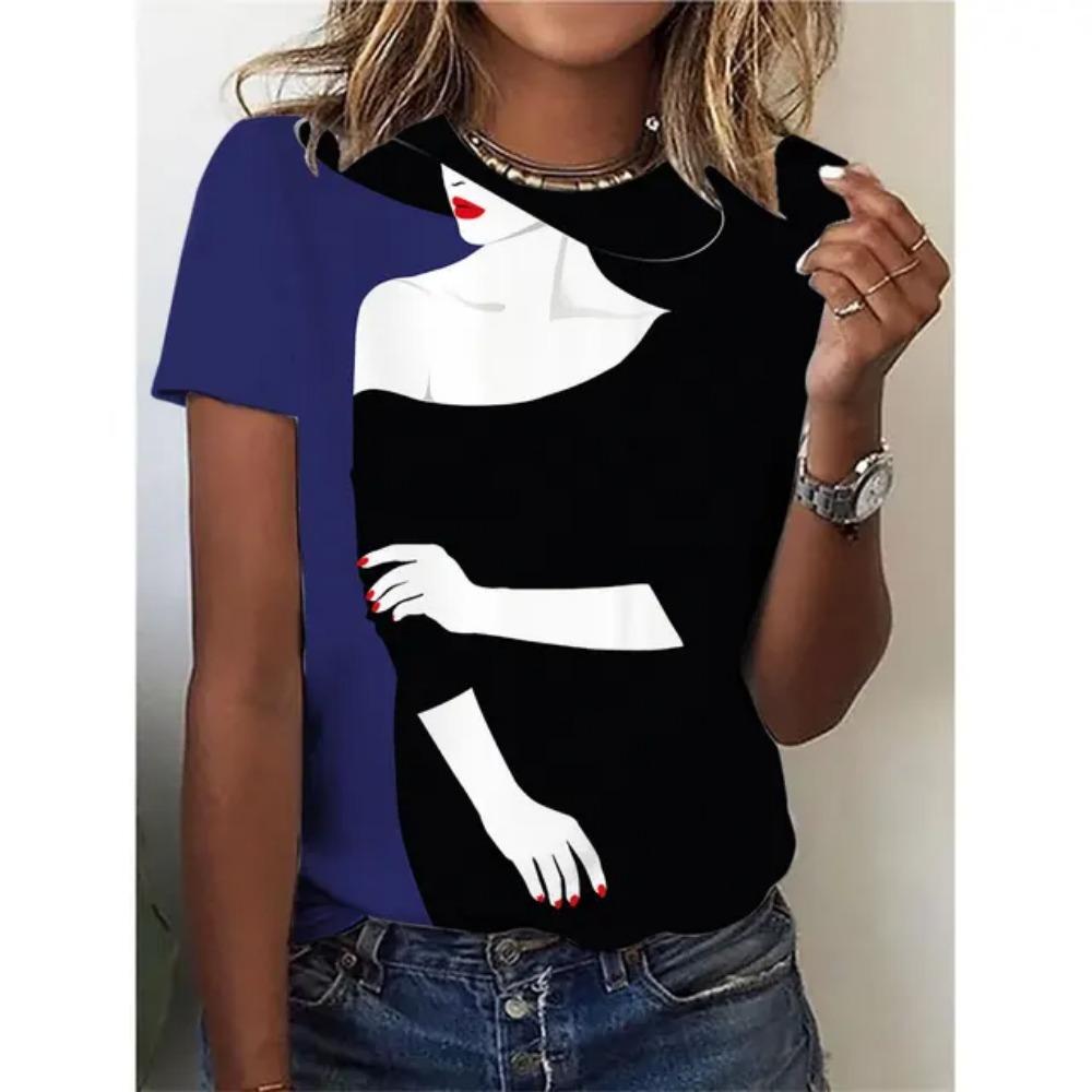 3D Printed Short-sleeved Fashionable Women's T-shirt, Round-neck Top, Casual Sporty Short-sleeved
