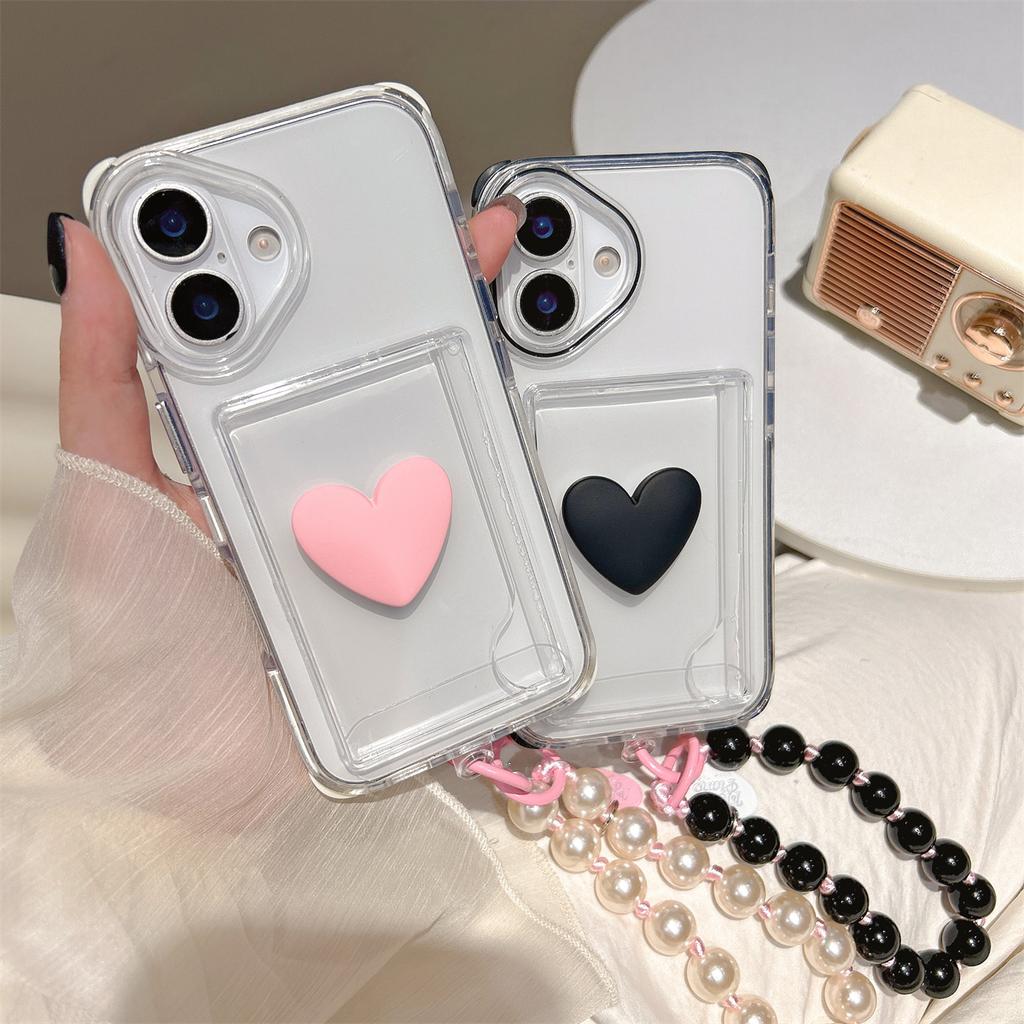 For iPhone 15 Pro Max 16 Plus 14 Protection Heart Love Texture Bracelet Protector Mobile Phone Case Card Slot Plastic Cover