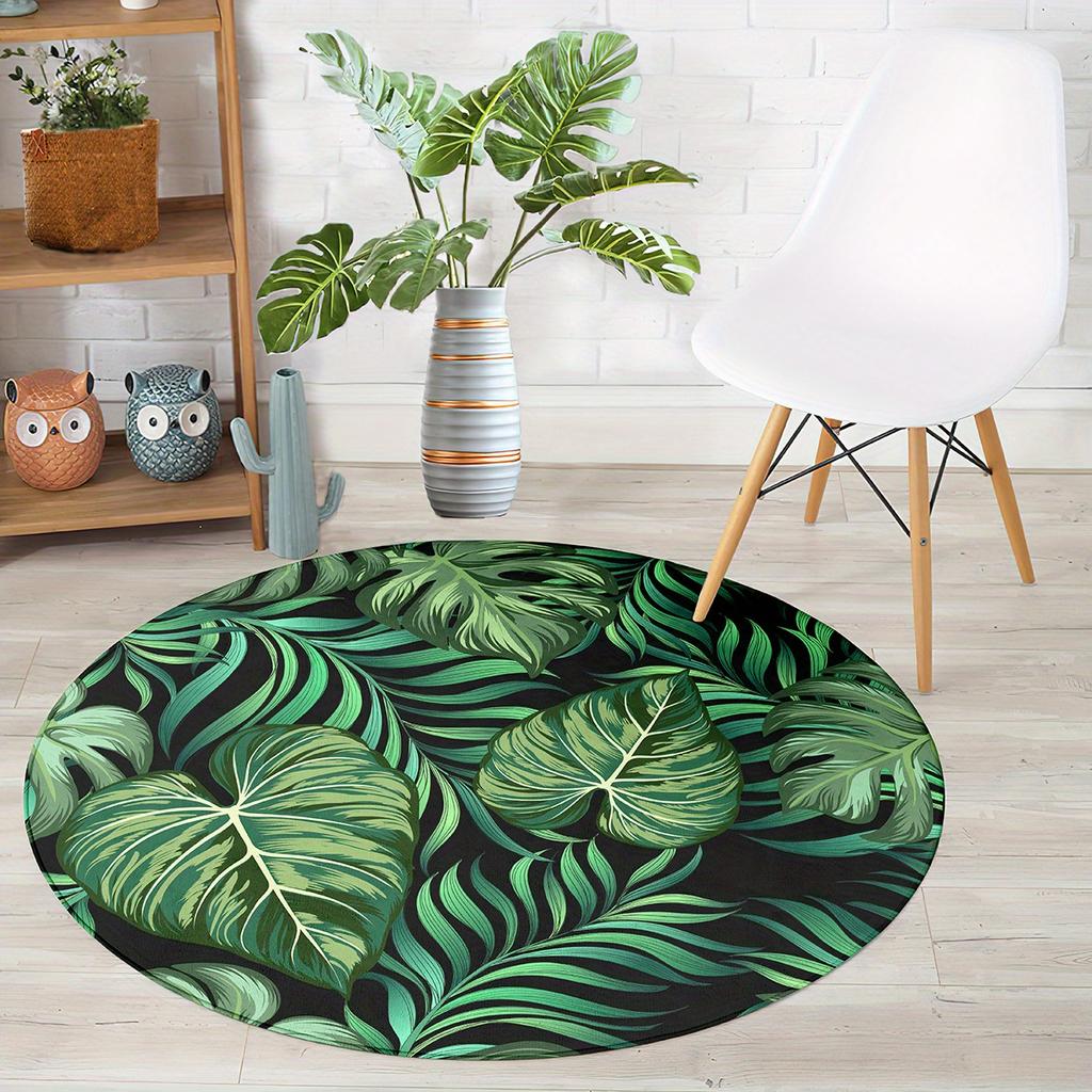 1pc Tropical Green Leaf Round Rug Flannel Soft Modern Living Room Chair Area Decor Non Slip Washable Jungle Botanical Floor Mat