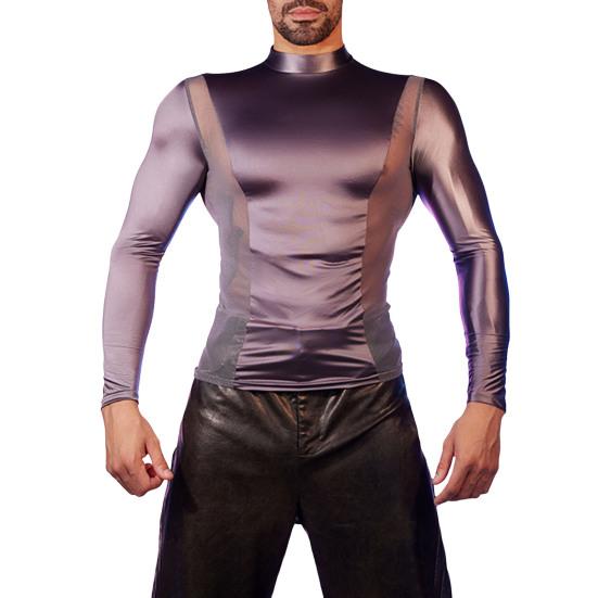 Men Sexy Mesh T-Shirt Oil Glossy Shiny Top Patchwork Tight-Fit Top Breathable Long Sleeve