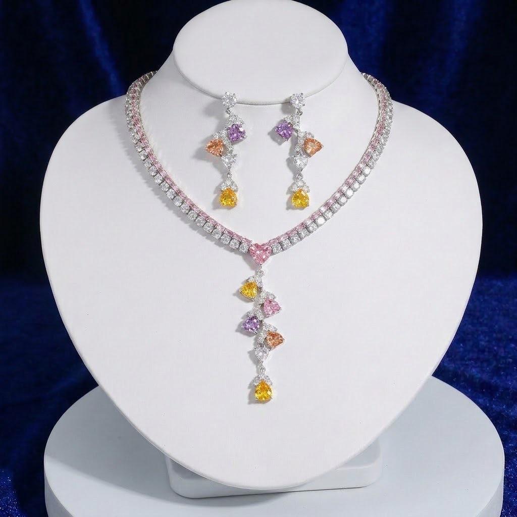Set Fashion Trend Zircon Earrings & Colorful Heart Necklace with Fresh Flowing Jewelry Chain