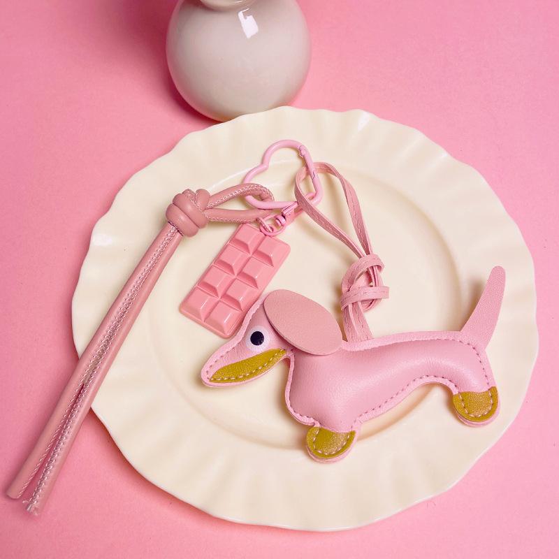 Leather Dachshund Chocolate Bag Accessories Pendant Key Chain Lanyard Creative Keychain
