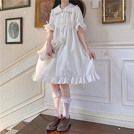 Lady Lazy Lolita Short Sleeve Round White Dress, Collar, Knee-Length, (L)