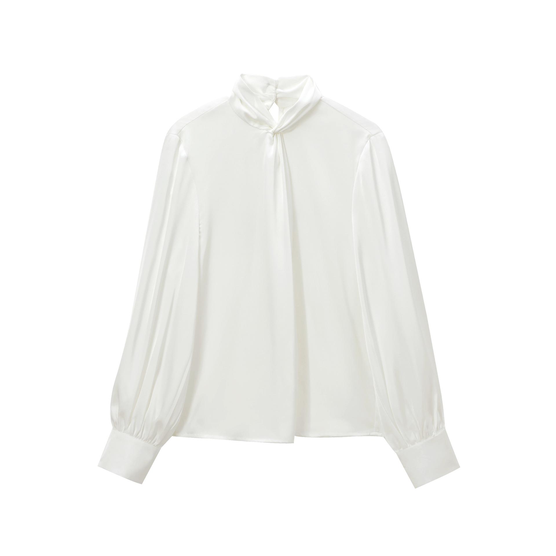 

2025 Spring/Autumn Women s Silk Satin Bow Collar Long-Sleeve Casual Shirt Extra Small