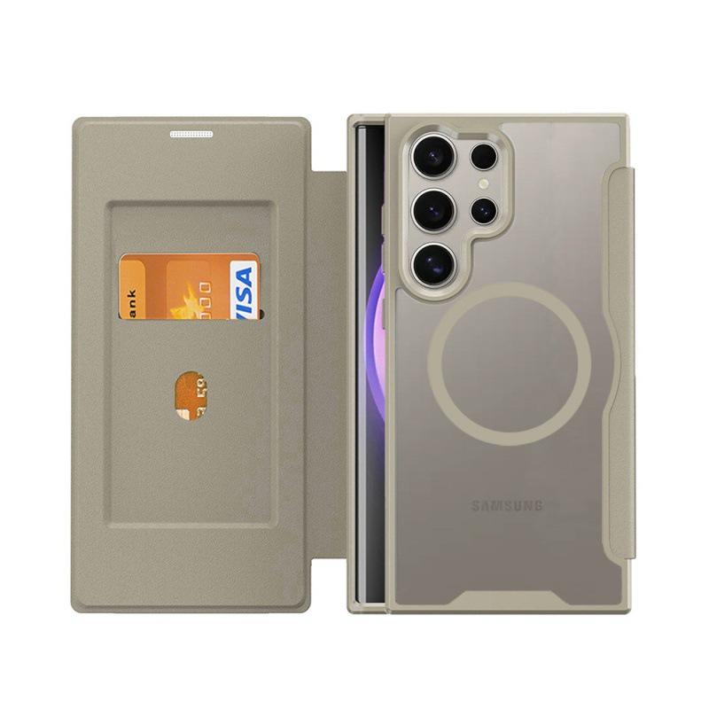 S24 Ultra Flip Lederhülle für Samsung und iPhone 16 ProMax, Transparente magnetische Handyhülle mit MagSafe