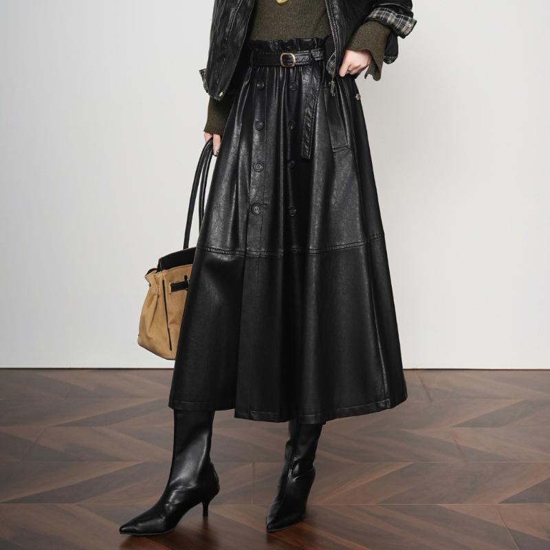 Women's Elegant Lambskin High Waist Pleated A-line Skirt, Mid-length Korean Style