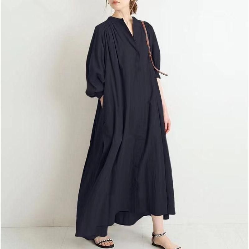 

K-style Spring & Fall Artistic Hong Kong Style Plus Size Chubby Girl Pure Color Loose Casual Fashion Single-Breasted Temperament Overknee Dress Black M
