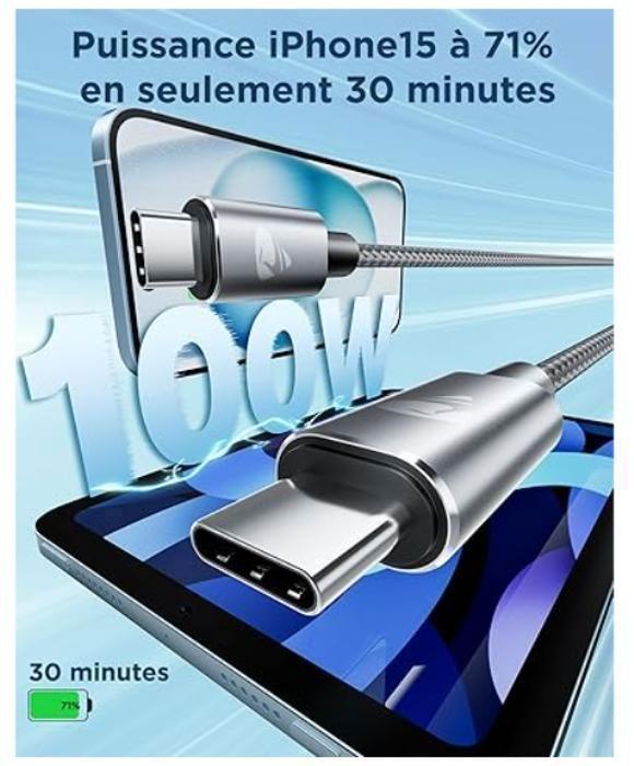 Câble USB C vers USB C [1m+1m/Lot de 2] 100W Cable USB C Charge Rapid 5A PD3.0, Chargeur Type C Nylon USB C Cordon pour iPhone 16 15