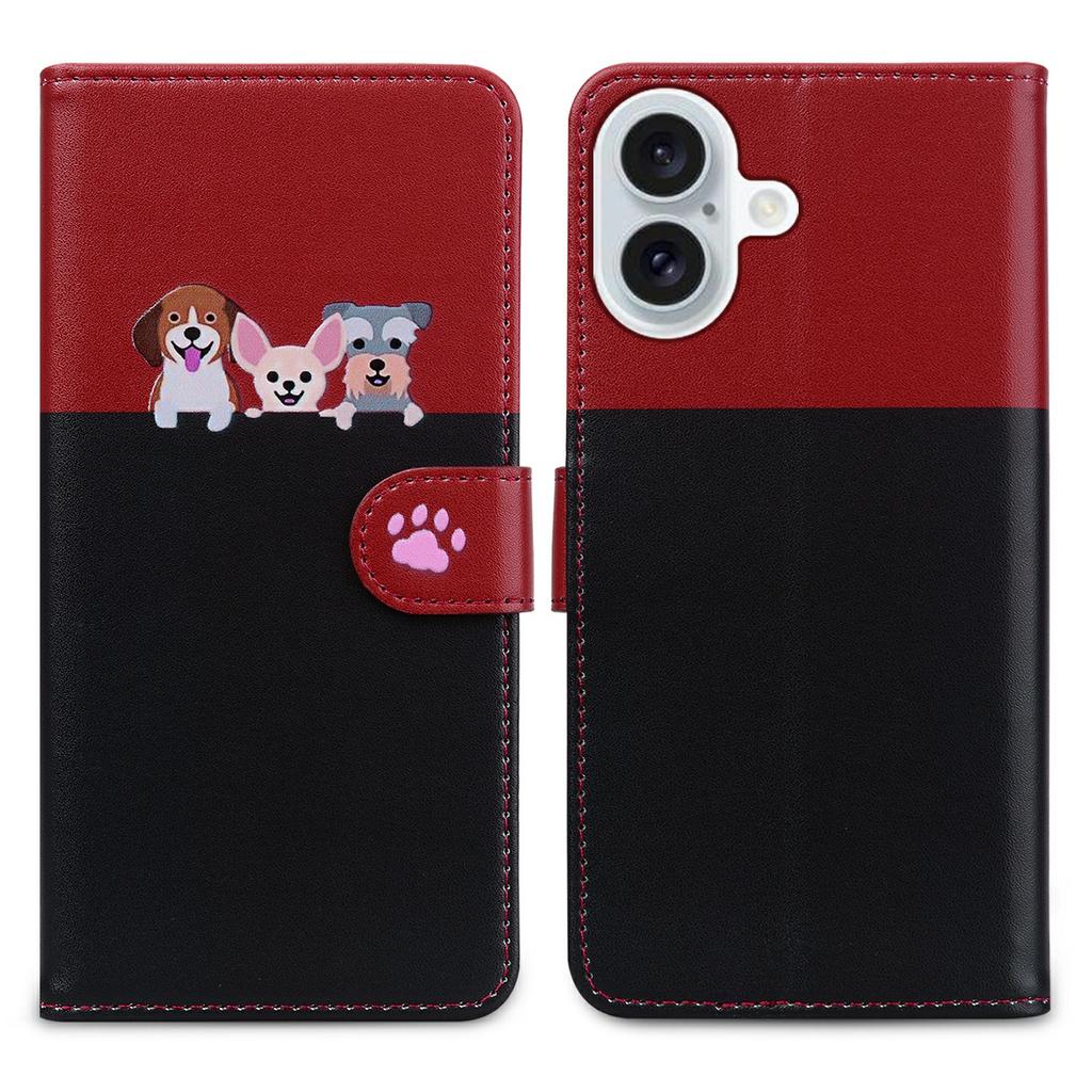 Cartoon Pet Series for iPhone 16 Plus Wallet Phone Case Splicing Leather Flip Cover
