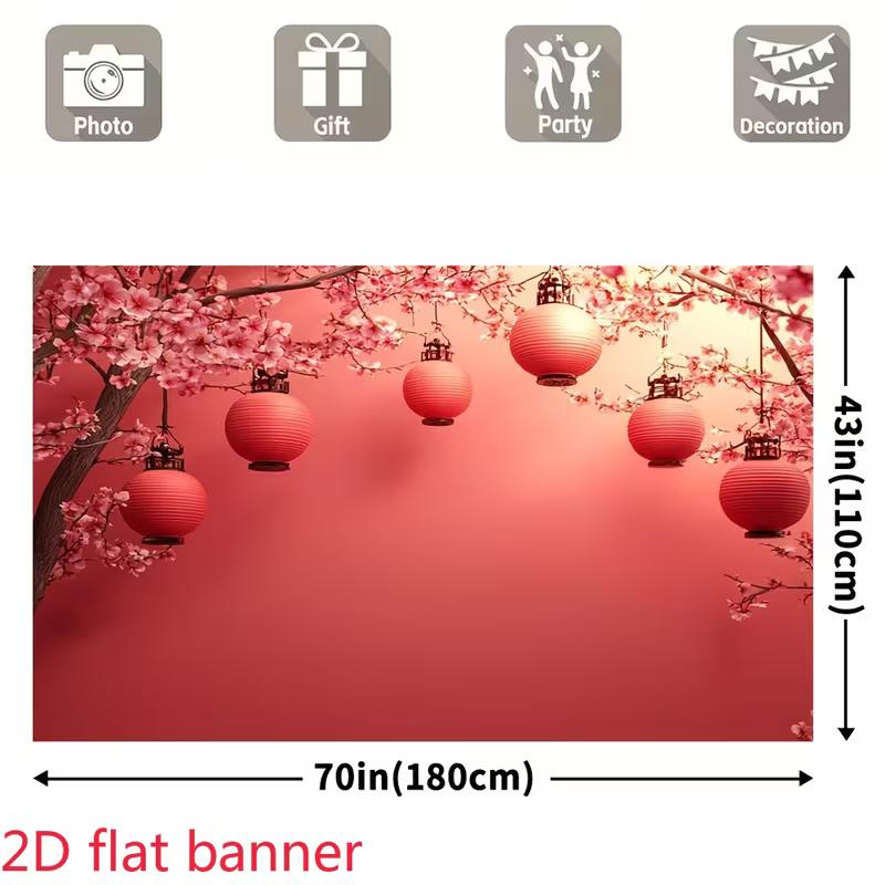 2D Red Oriental Backdrop with Cherry Blossoms and Lanterns for Lunar New Year Celebration