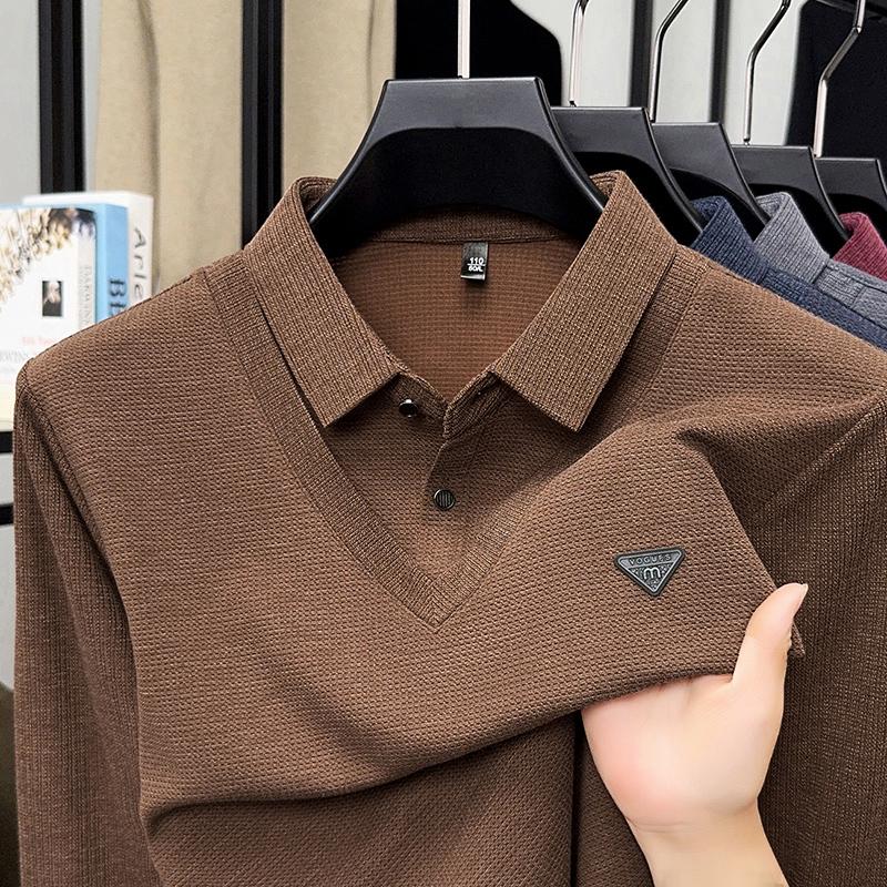 Spring And Autumn Men'S Fake Two Piece Long Sleeved T-Shirt Dad Pure Cotton Thin Casual Printed T-Shirt Polo