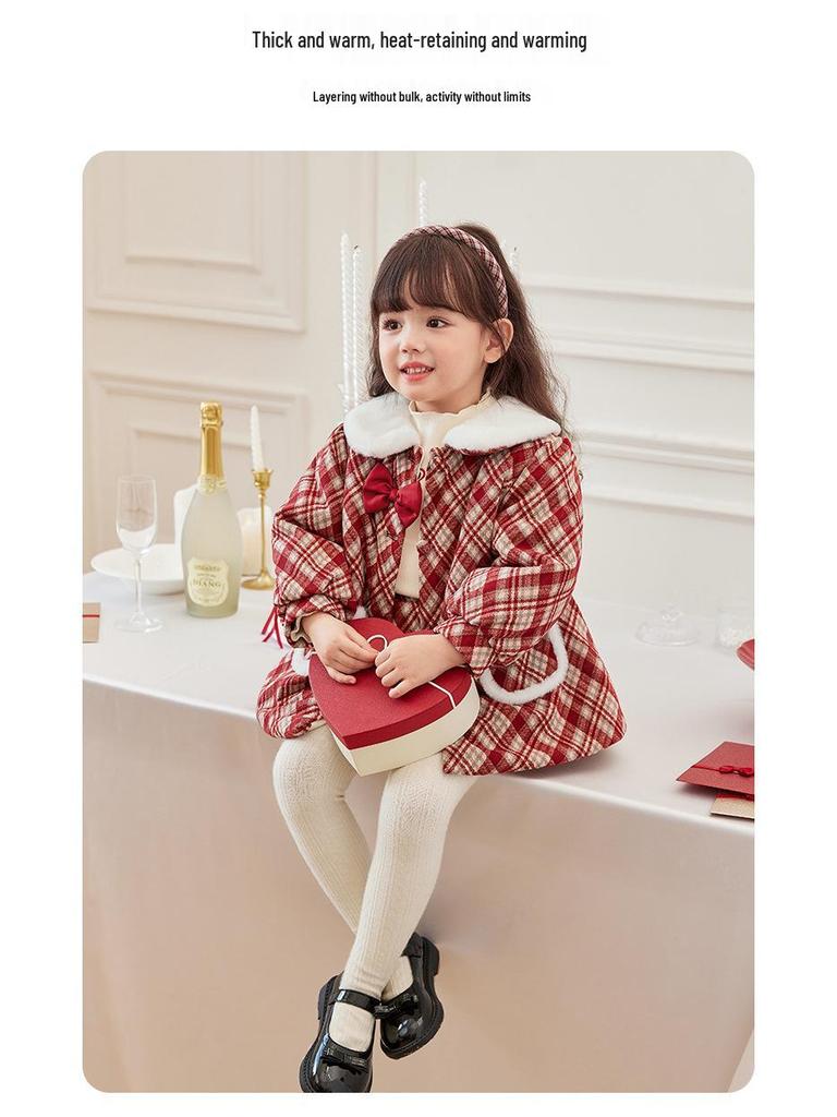 Girls' Red Woolen Jacket - Stylish Autumn/Winter Coat with Plus Velvet for Children