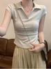 Spicy Girl Slimming Irregular Pleated Cropped Polo T-shirt for Women