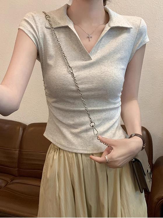 Spicy Girl Slimming Irregular Pleated Cropped Polo T-shirt for Women