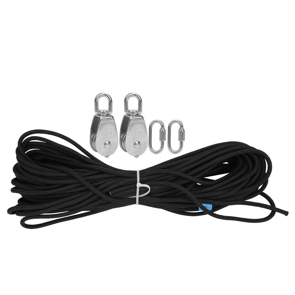 25MM Single Pulley Set with 30m Nylon Rope and 2Pcs PVC Carabiner Buckle Accessory