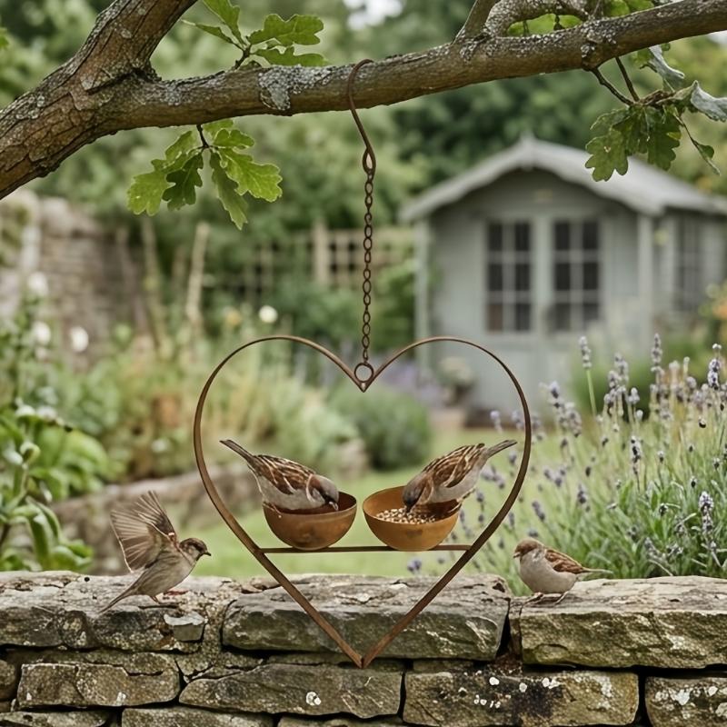 Garden Bird Feeder Hanging Piece With Heart Frame Metal Frame, Two Bowls for Water and Bird Food on Porch Balcony Walls and Tree Posts