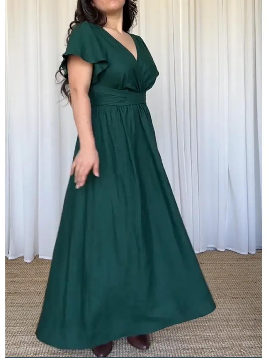 

V-neck Pleated Solid Color Twist Waist Slim Fit Dress (2026) XL зелений