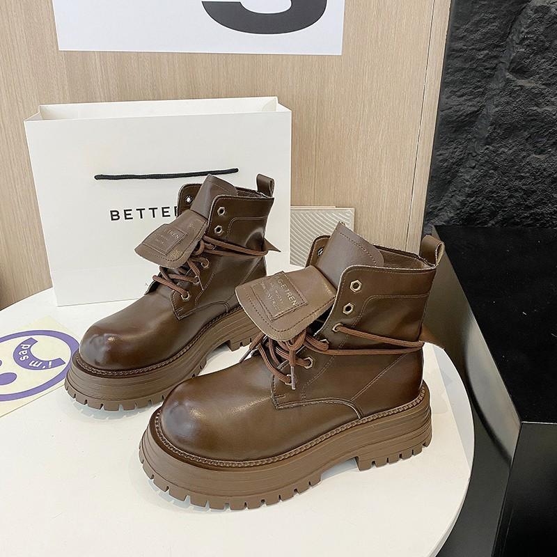 Martin boots women's British style 2025 autumn new letter lapel tooling locomotive boots lace-up thick-soled big yellow boots