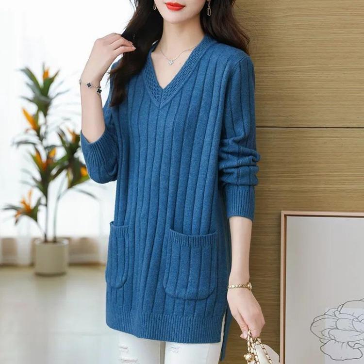 Warm Knitted Sweater for Women Thickened V Neck Pullover Long Sleeve Large Size Tops Autumn Winter