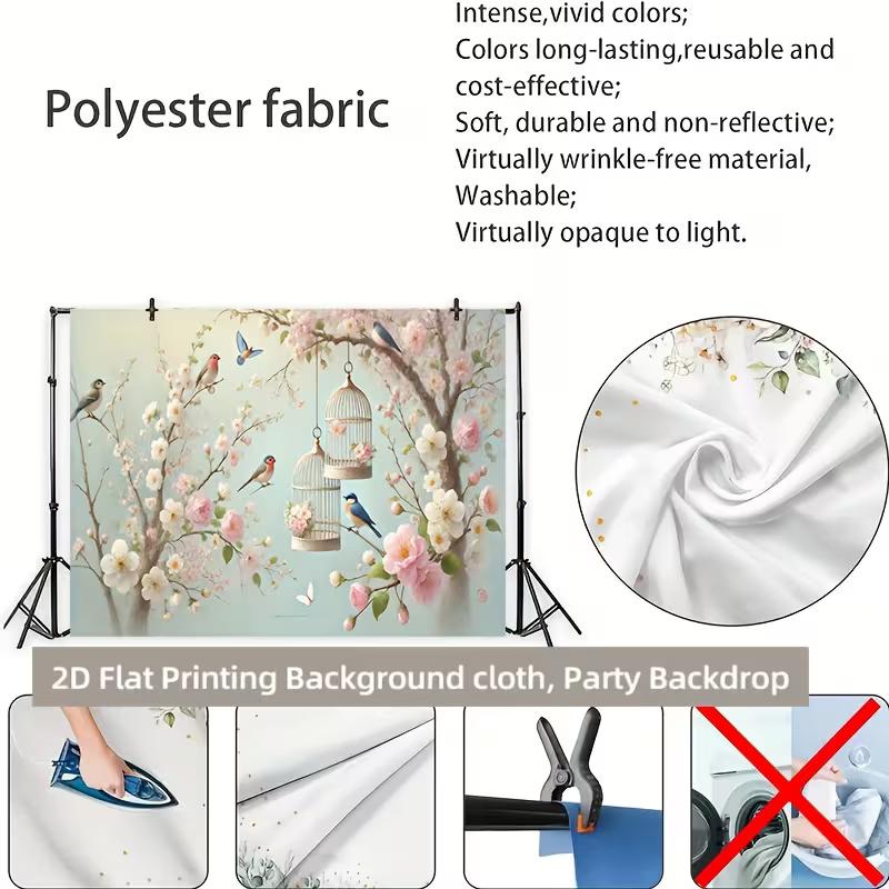 2D Printed Spring Cherry Blossom Tree Backdrop, Cute Birds & Vintage Bird Cage Photo Background for Birthday Party