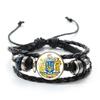 Ukrainian Flag Glass Charm Bracelet Blue Yellow Trident Graphic Vintage Handmade Woven Leather Beaded Bracelet