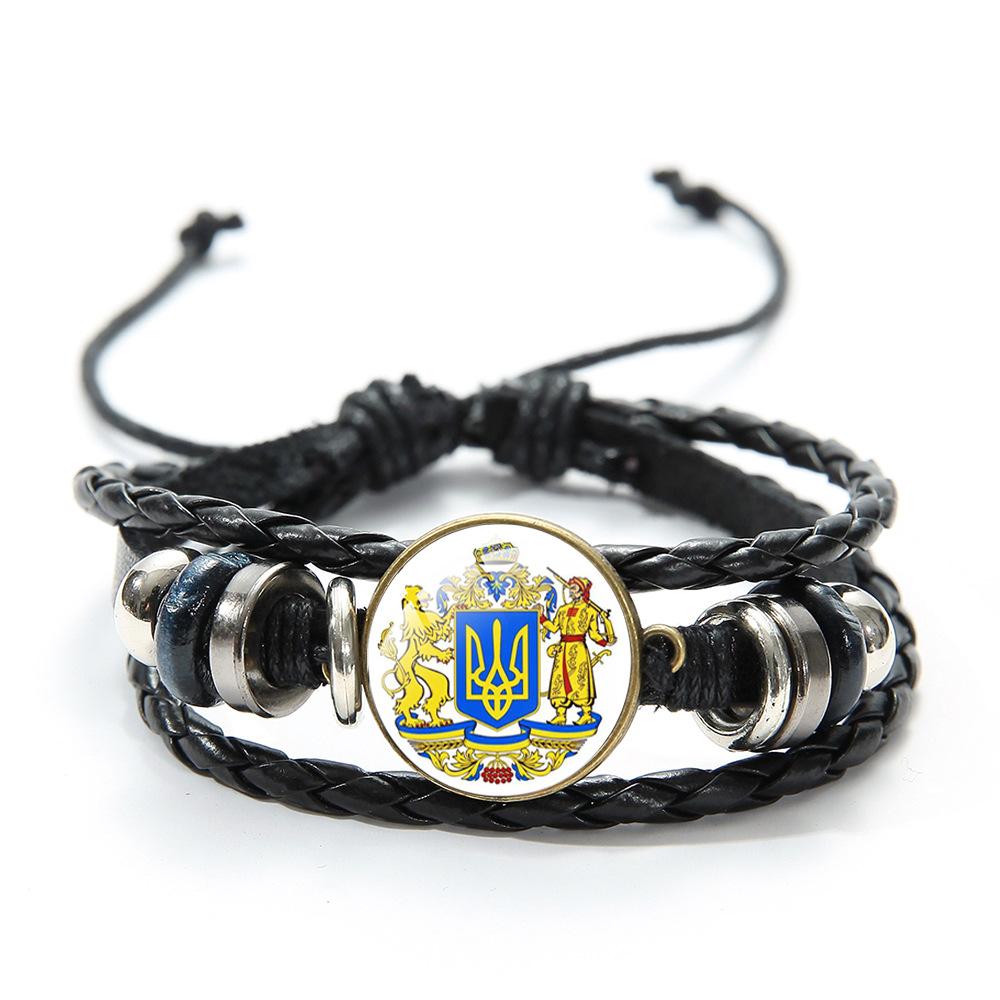 Ukrainian Flag Glass Charm Bracelet Blue Yellow Trident Graphic Vintage Handmade Woven Leather Beaded Bracelet