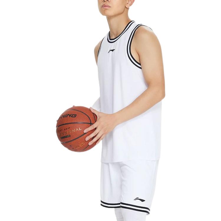 Li Ning Sports Basketball Series Logo Print Striped Round Neck Vest Shorts Set Men Sportswear White AATS003-4