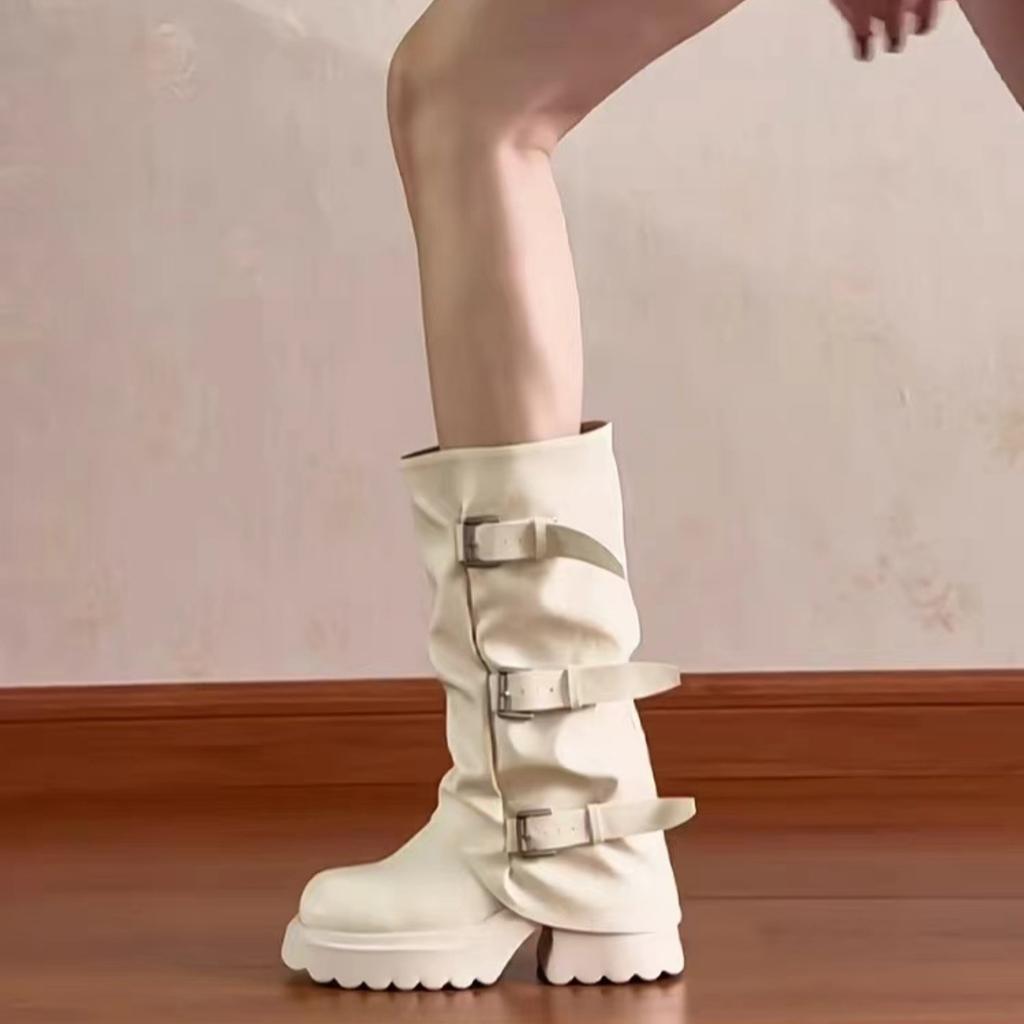 Wasteland Wind Brown High Heel Platform Knight Boots Women's Long Boots Martin Boots Wrinkled Tall Pile Long Boots