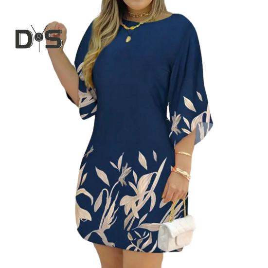 

Женское весенне-летнее платье с круглым вырезом, А-силуэта, свободного покроя, с принтом листьев, с коротким рукавом, мягкое повседневное мини-платье длиной выше колена XL темно-синий