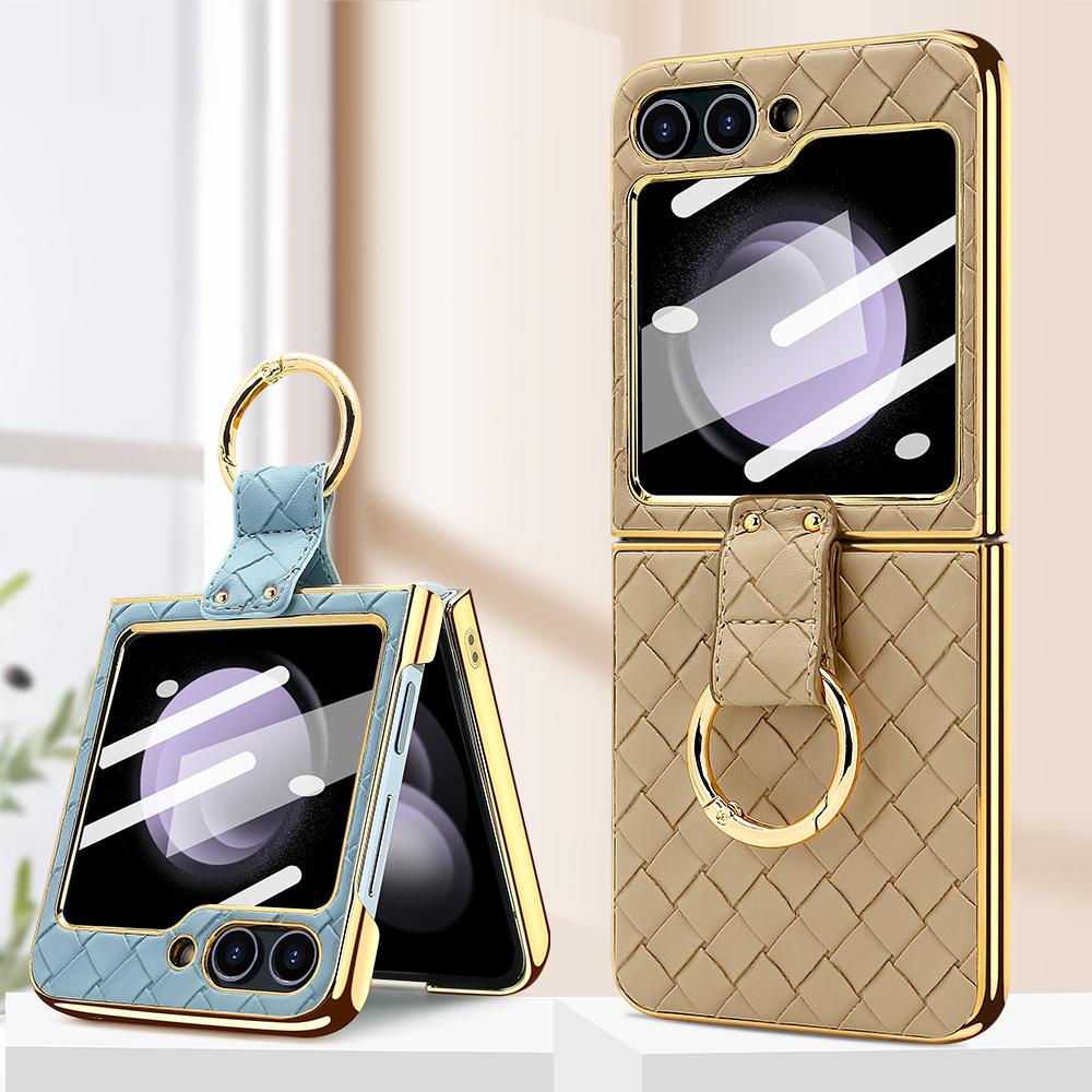 VIETAO Gold Electroplated Phone Case Cover With Finger Ring For Samsung Galaxy Z Flip 6 Flip 5 Flip 4 Flip 3 Back Screen Film