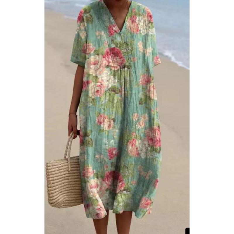Damen Blumenmuster V-Ausschnitt Maxikleid Boho Kurze Ärmel Locker Strand Sommerkleid