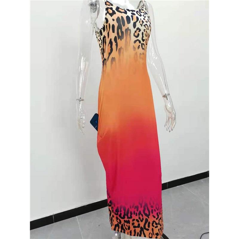 Women's Leopard Print Gradient Maxi Dress Sleeveless V Neck Casual Long Dress With Pockets