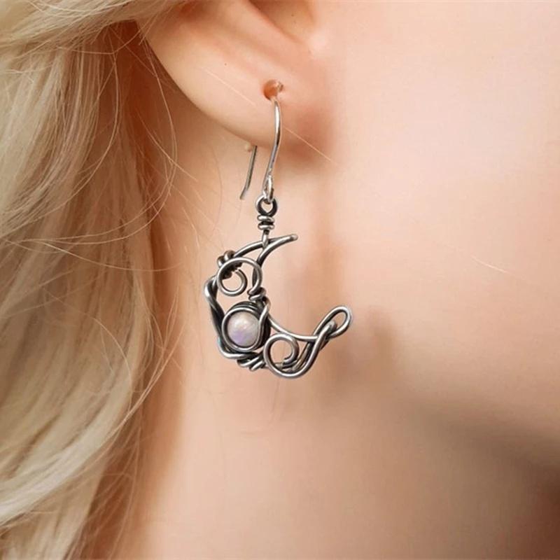 Boho Women ESun Moon Dangle Moonstone Asymmetric Hook Earrings