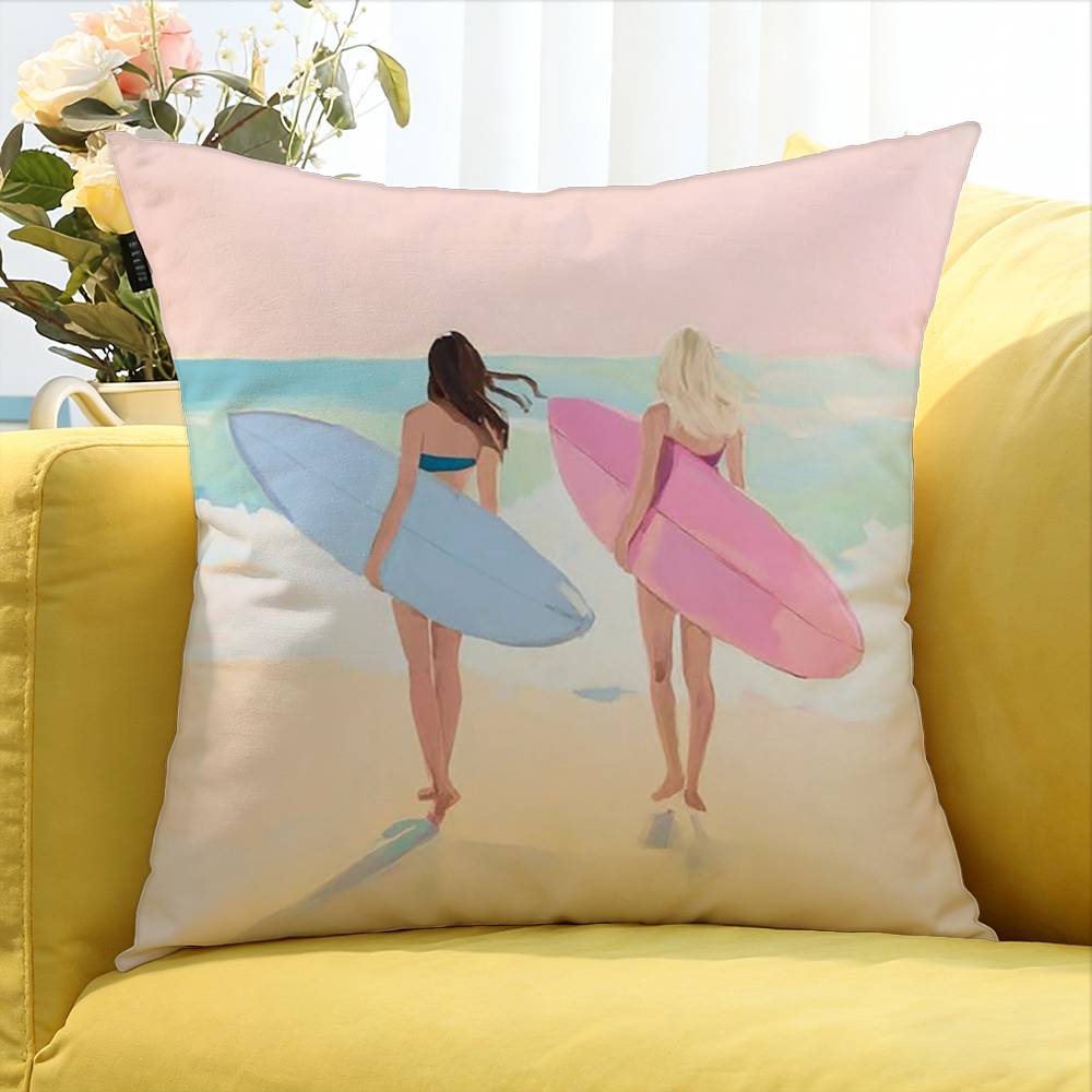 Surfboard Surfing Art Surf Girl Various Sizes Square Pillow Case For Car Home Bedchamber Decor